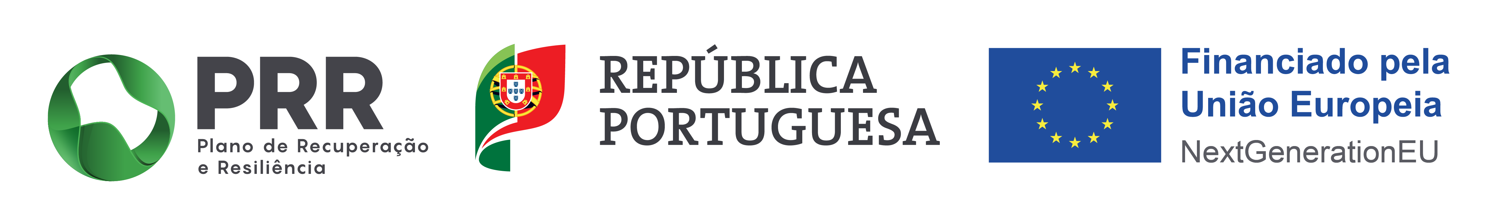 Logótipos do PRR – Plano de Recuperação e Resiliência, República Portuguesa, e Financiado pela União Europeia – NextGenerationEU